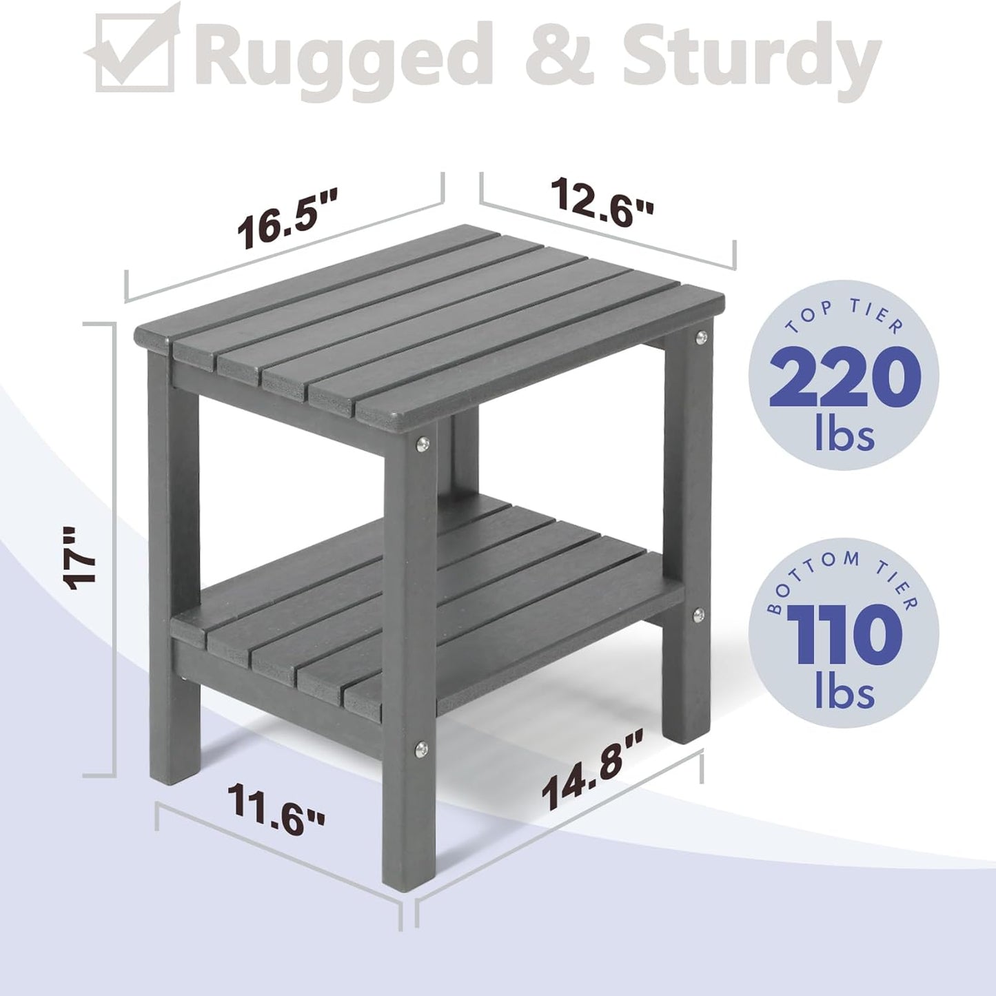 PASAMIC 2-Tier Adirondack Square Side Table, 17" HDPE Outdoor Side Tables, Weather Resistant End Table for Patio, Backyard, Pool, Indoor Companion, Beach, Easy Maintenance (Gray)