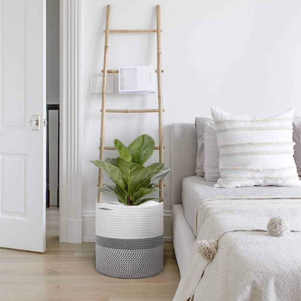 TIMEYARD Woven Cotton Rope Plant Basket for 10" Flower Pot Floor Indoor Planters, 11” x 11” Storage Basket Organizer Modern Home Decor, Grey and White Stripes