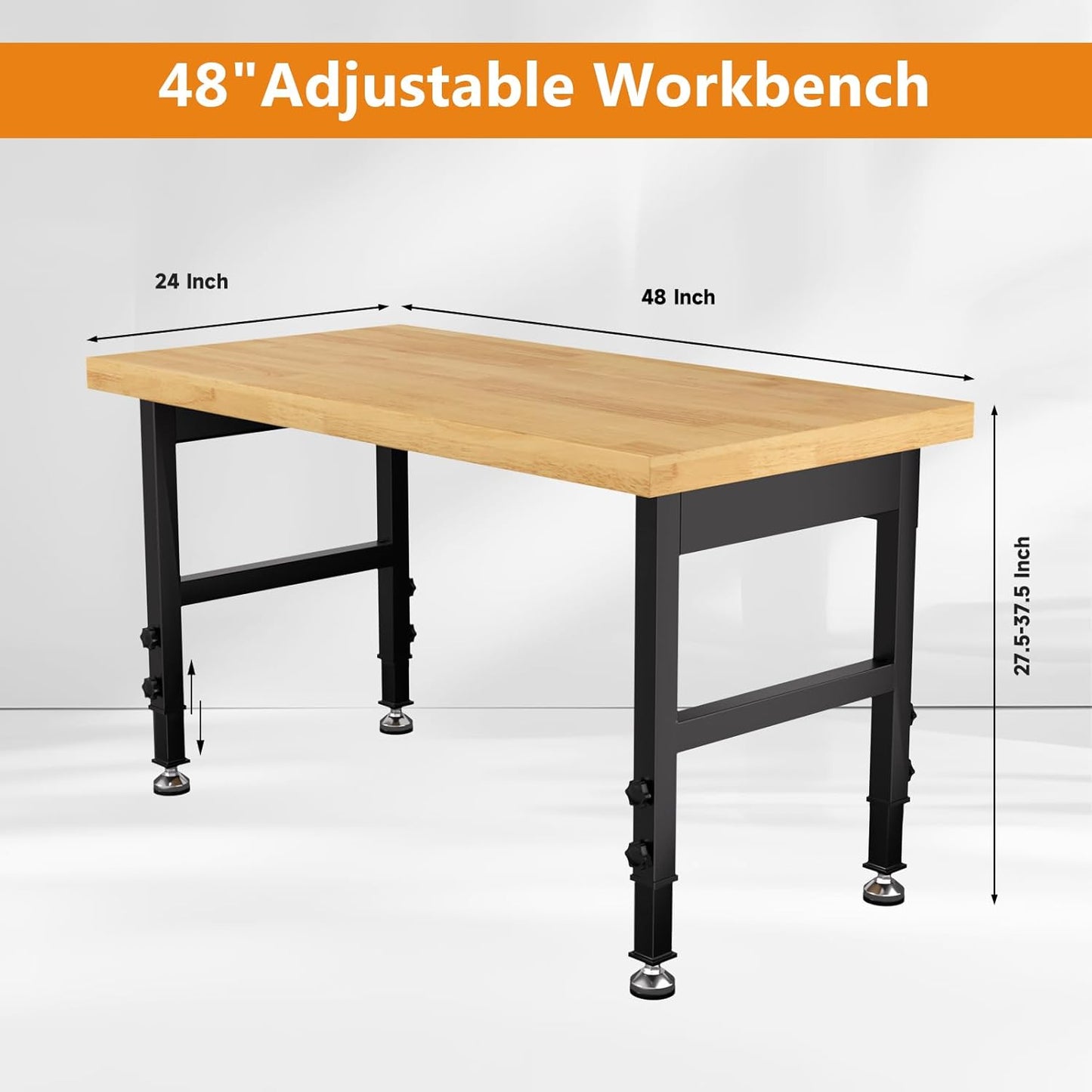 Solid Wood 48" Work Bench, Adjustable Height Workbench, Heavy-Duty Work Table, 2000 LBS Load Capacity Workstation for Garage, Workshop, Office, Home(48" X 24")