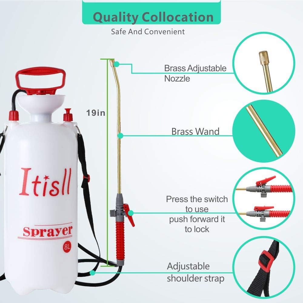 Itisll Portable Garden Pump Sprayer Brass Wand Shoulder Strap for Yard Lawn Weeds Plants 2Gal