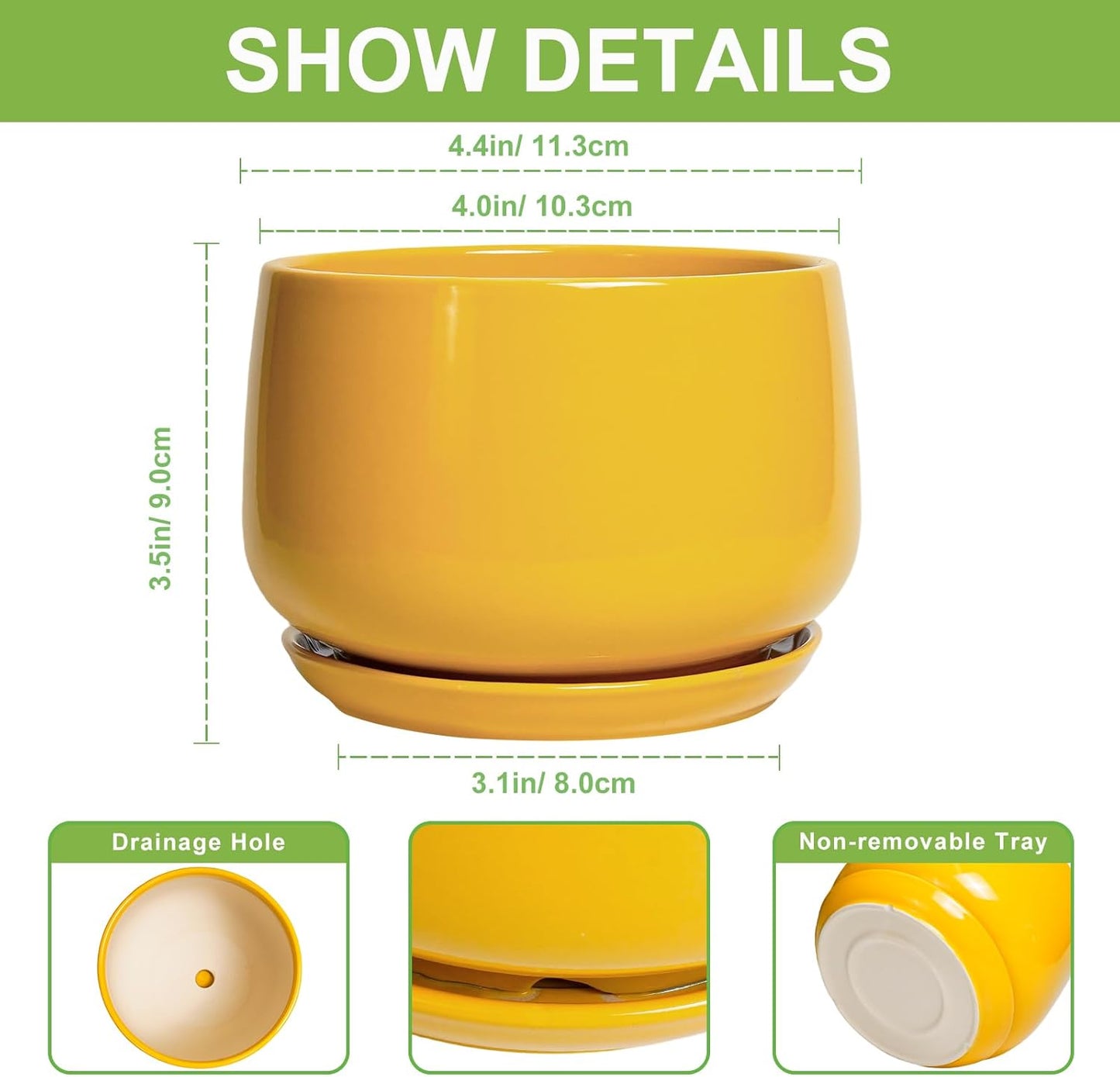 G EPGardening 4 Inch Ceramic Planter - Succulent Pots for Plants Indoor Outdoor, Small Plant Pots with Drainage Hole & Saucer, Round Planter, Modern Flower Pot, Home Decor, Plant Lover Gift, Yellow