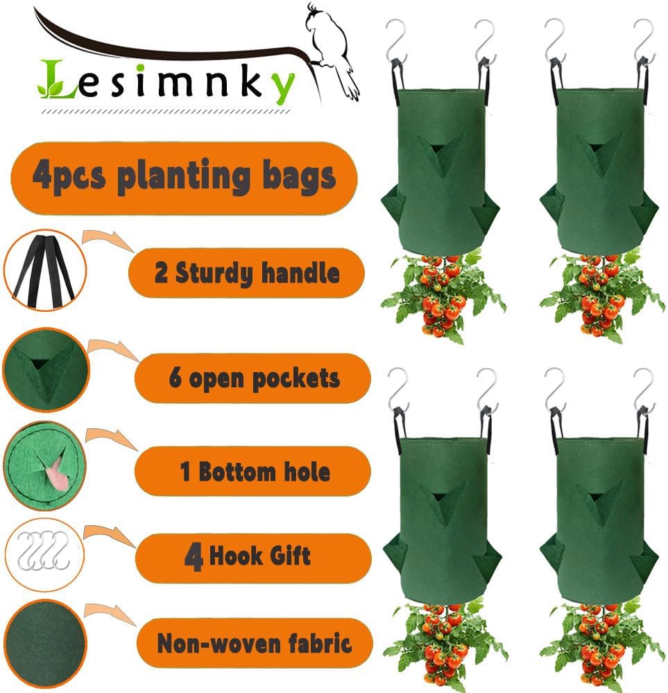 4Pack Upside Down Strawberry Planter, 3 Gallon Hanging Grow Bags for Tomato Vegetables 6 Planting Holes with 4 Hooks,Upside Down Strawberry Plant Hanger Vegetable Planting Bags for House (Dark Green)