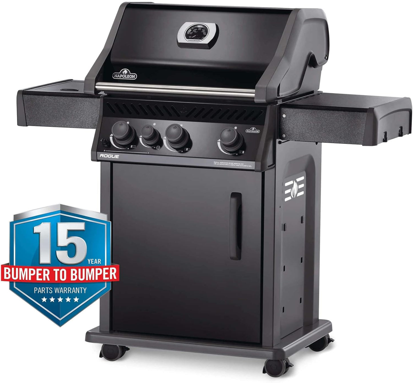 Napoleon Rogue 425 Natural Gas Grill with Range Side Burner, Black, 3 Stainless Steel Main Burners, Durable Heat Control