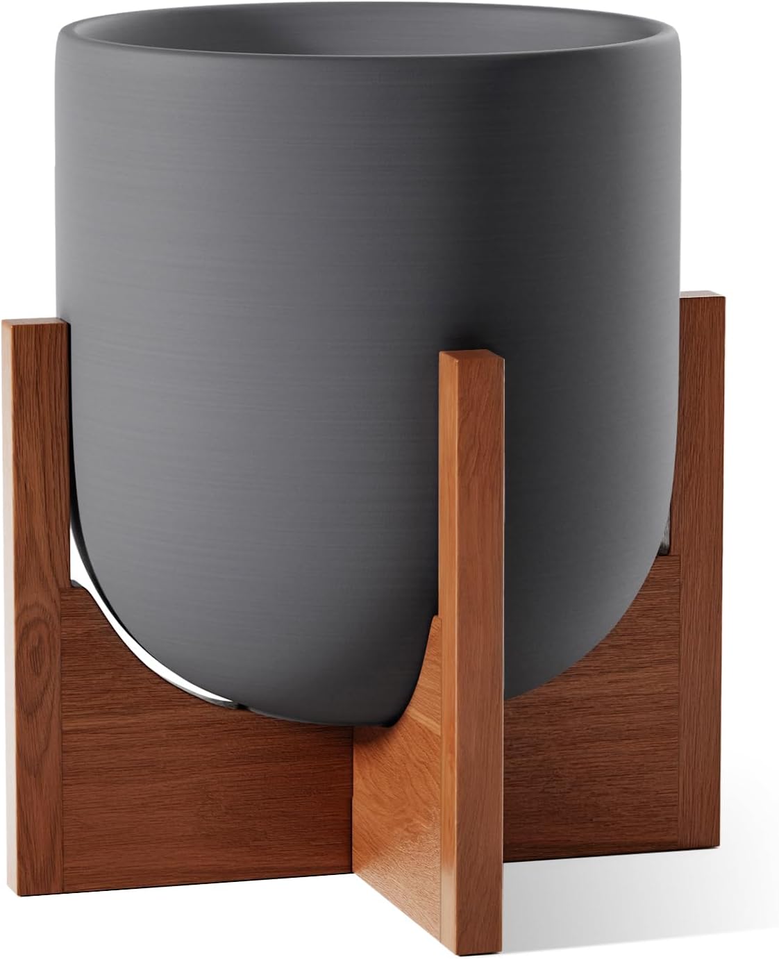 LE TAUCI 10 Inch Plant Pot with Acacia Wood Stand, Ceramic Planters for Indoor Plants, Plant Pots Indoor for Home Decor, Mid-Century Modern Pots for Plants with Drainage Hole and Plug, Charcoal Gray