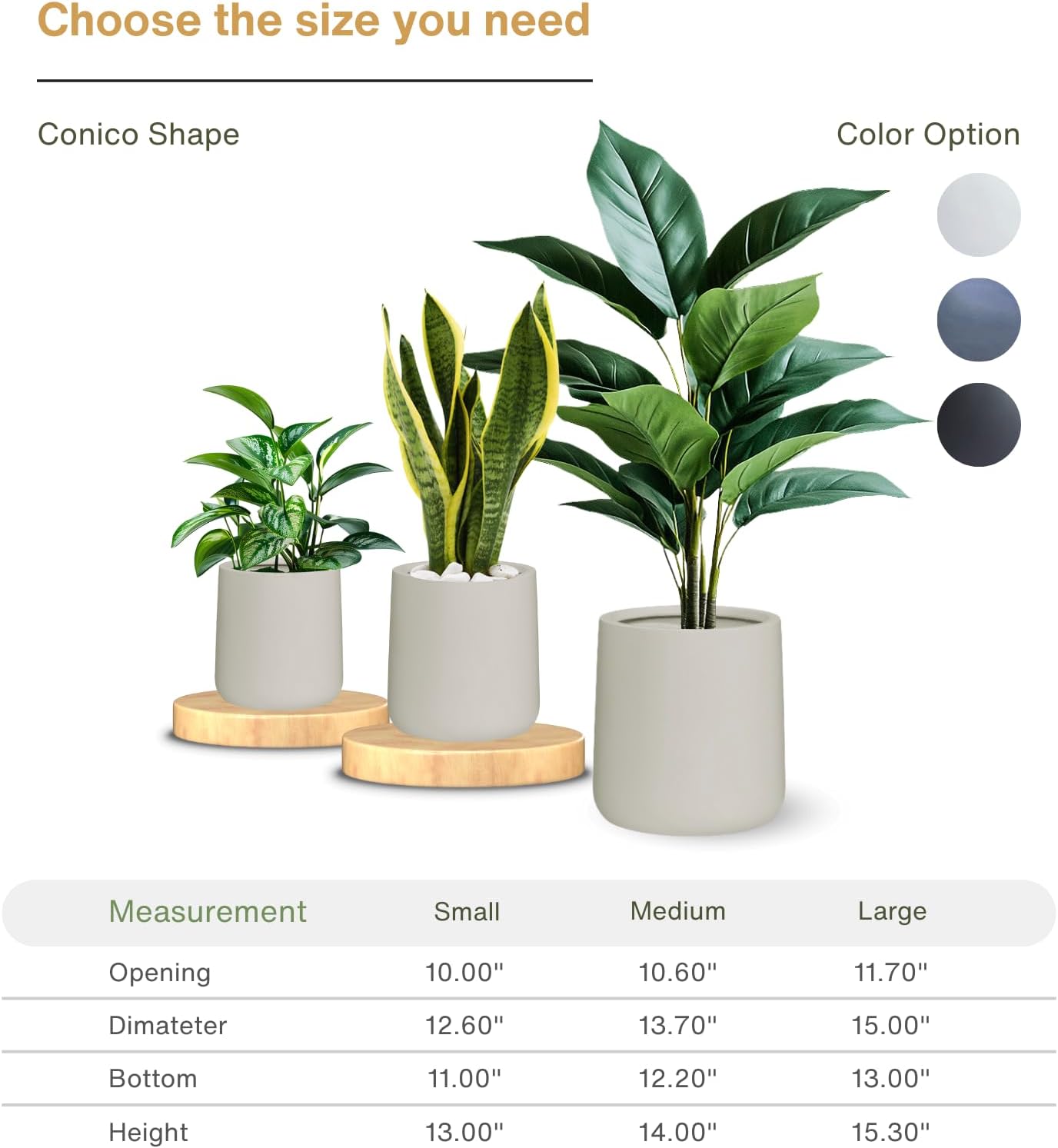 14" H x 13.7" D Conico Fiberstone Round Planter with Drainage Hole, Smooth Finishes, Weather Resistant for Indoor and Outdoor Use, Included 2 Extra Coco Mats (Taupe, 10.6" Pot Opening)