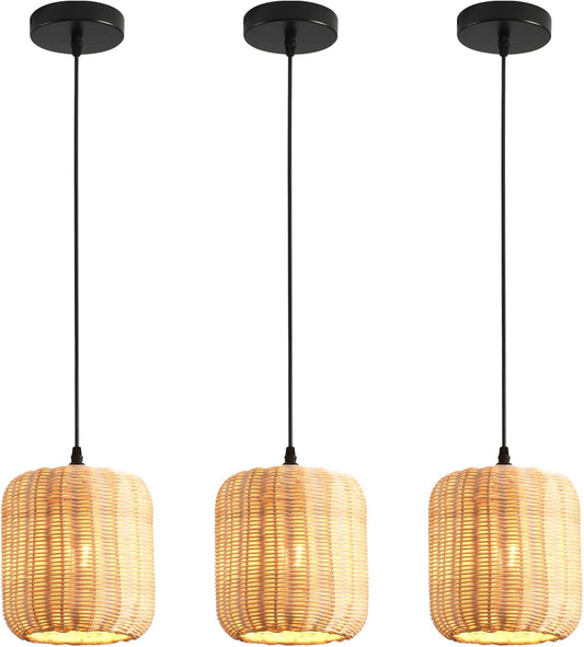 TeruTeru Ji Kaikang 3-Pack Mini Rattan Pendant Light,7.87" Rustic Bamboo Hanging Light Hand-Woven Rattan Chandelier for Dining Living Bedroom Kitchen Farmhouse