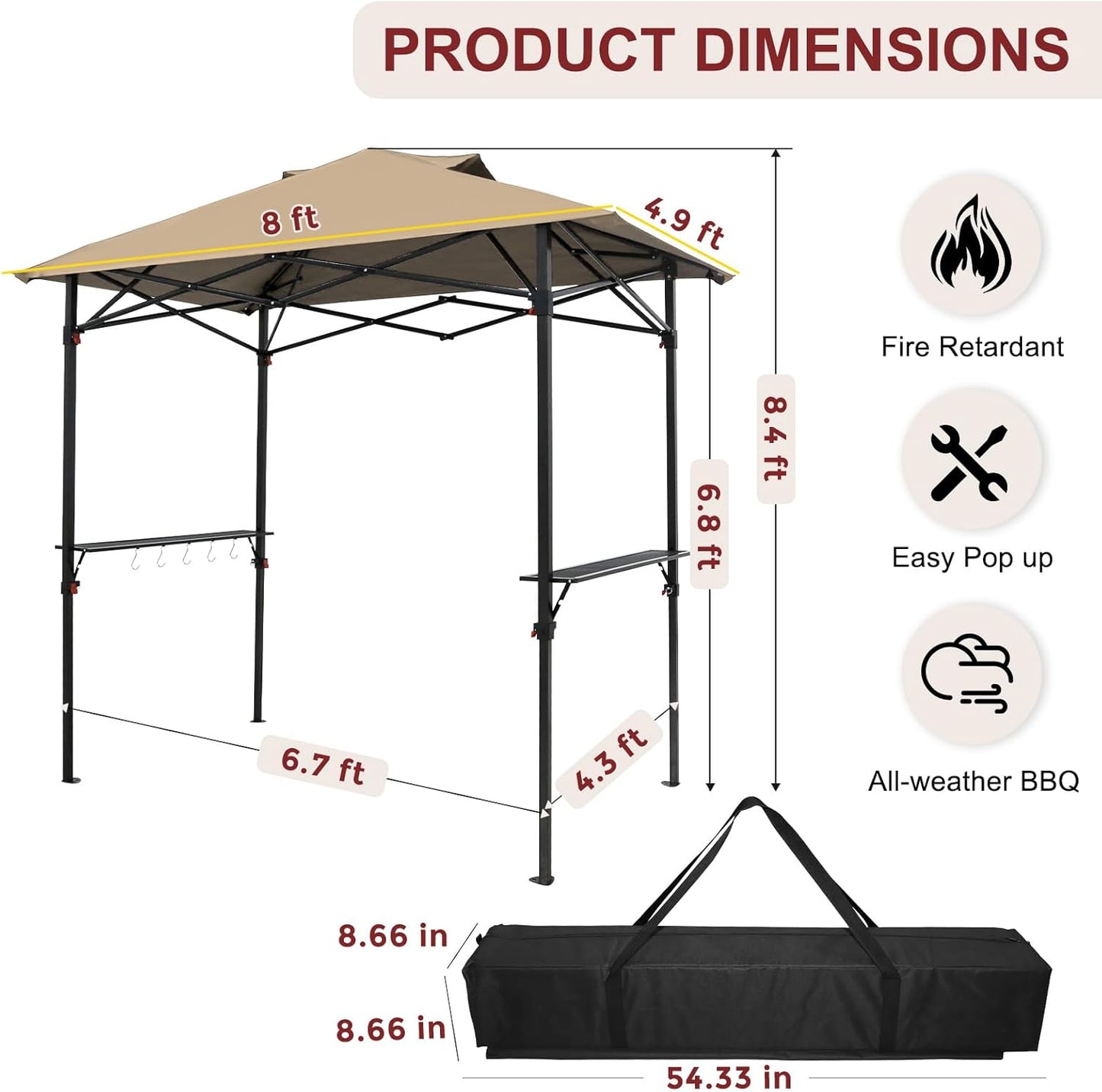 Outdoor Pop up Barbeque Grill Gazebo 8x5 with Carry Bag, Portable BBQ Canopy Tent with Handy Wired Shelf, Beige