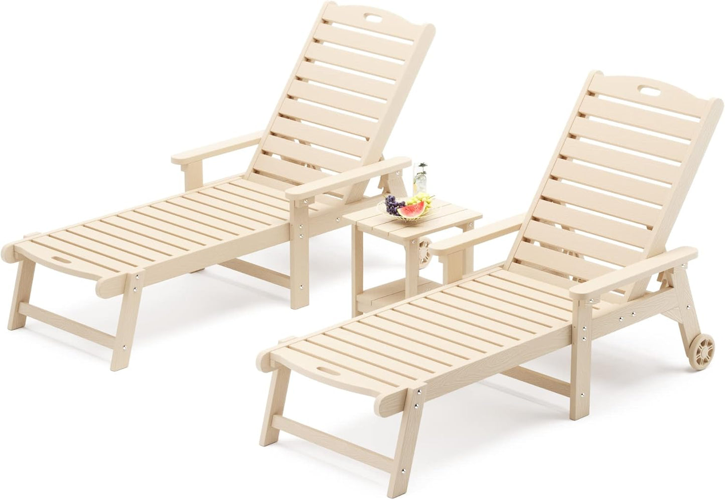 LUE BONA Chaise Lounge Chairs Set with Table, 3-Piece, 79'' Oversized HDPS Material, 5 Positions Adjustable Patio Lounge Chairs, Pool Lounge Chair with Wheels for Poolside, 3-Year Warranty, Sand