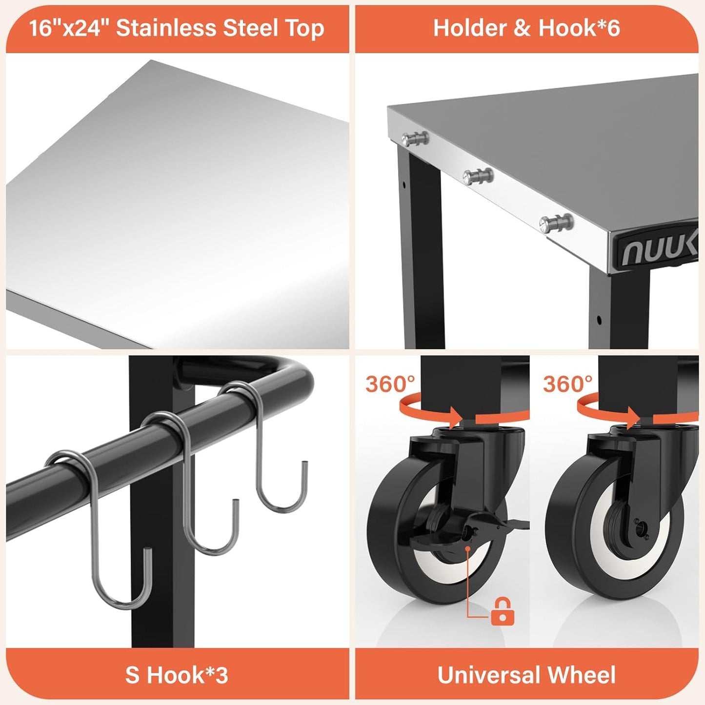 NUUK 3-Shelf Grill Cart 16" x 24" Outdoor BBQ Table with Stainless Steel Top Rolling Pizza Oven Carts for Outside Dining Tables