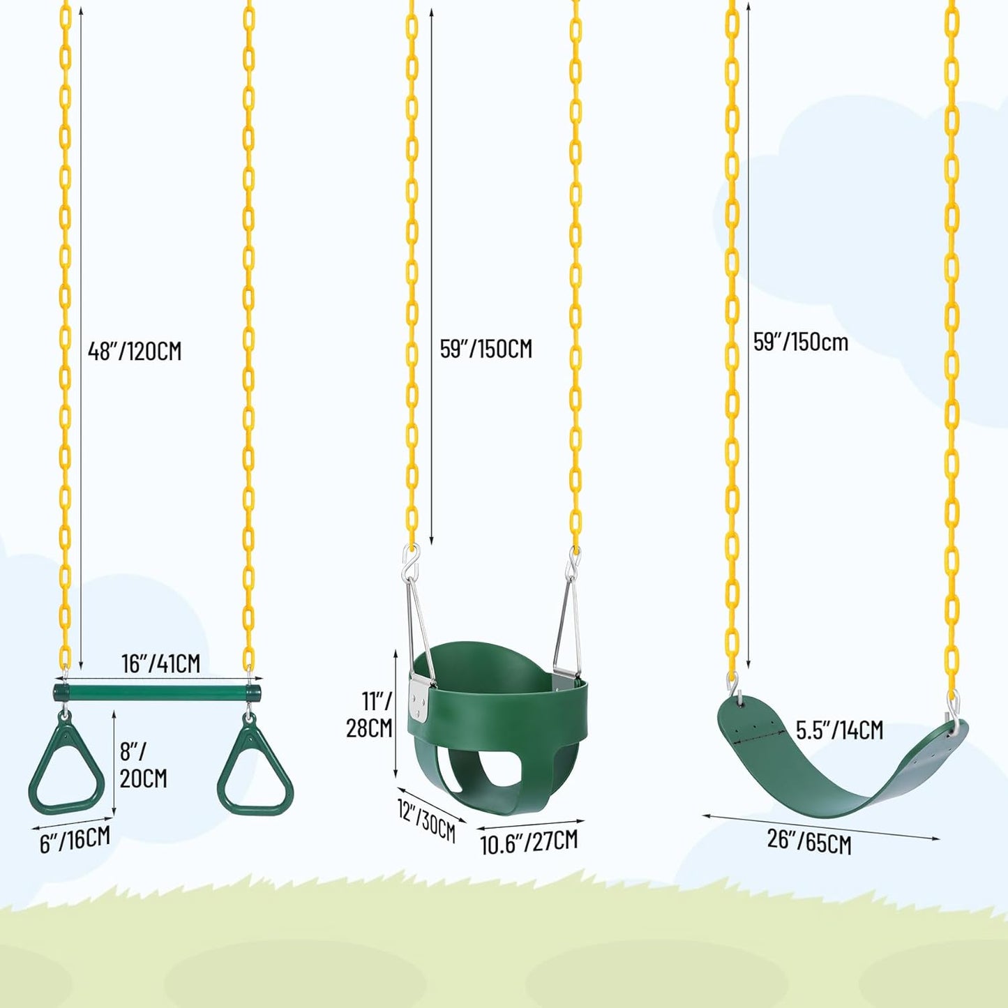 RedSwing Trapeze Swings Bar with Rings, Belt Swing Seat and Bucket Swings Combo Pack (Triangle and Chain Dip) for Kids Outdoor with 57-86" Rope,High Back Toddler Bucket Seat, Green