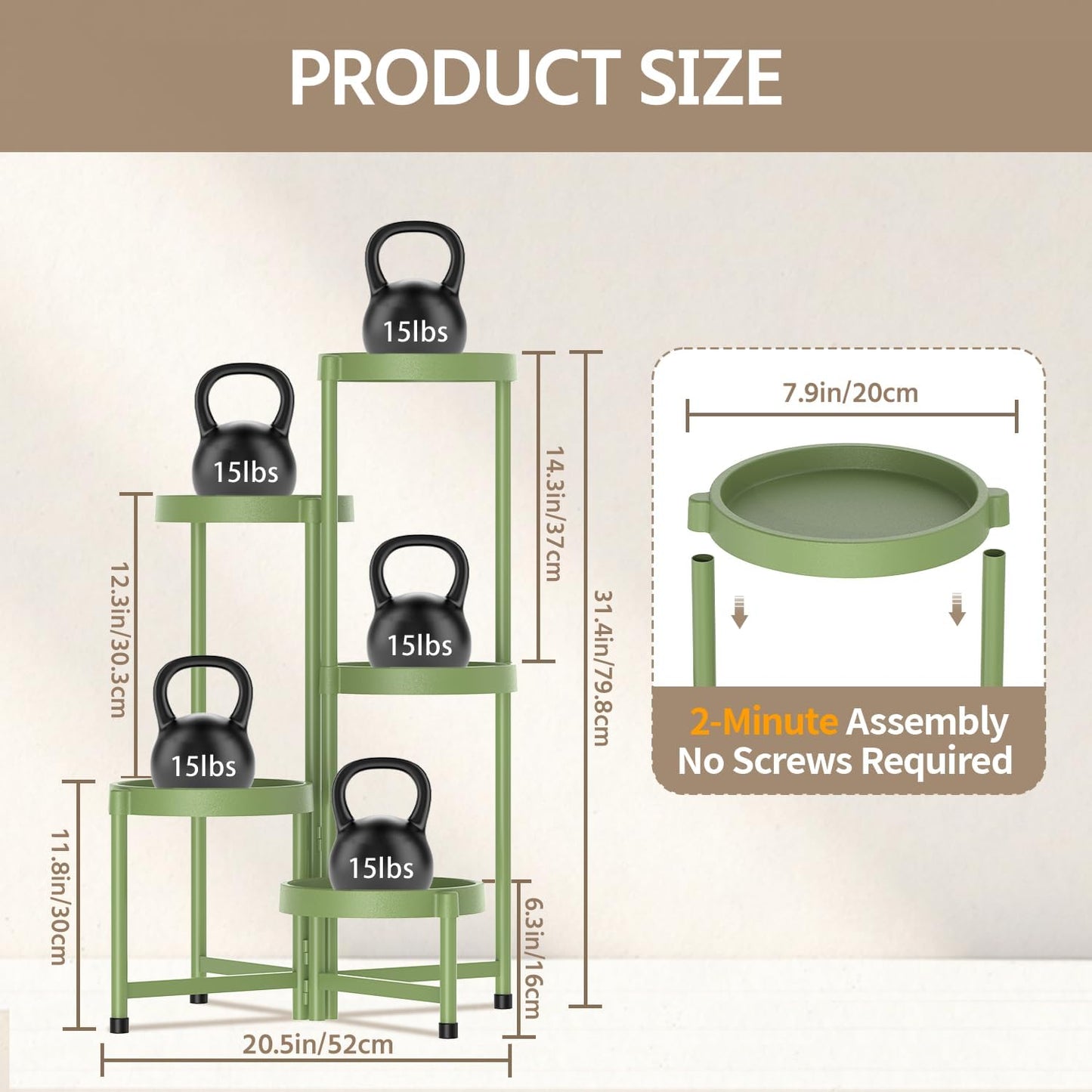 LASZOLA 5 Tiered Folding Plant Stand Indoor for Multiple Large Planter, Tall Heavy Duty Adjustable Rack with Rust Proof Plastic Shelving, Sturdy Vertical Tree Organizer for Narrow Inside Floor, Green