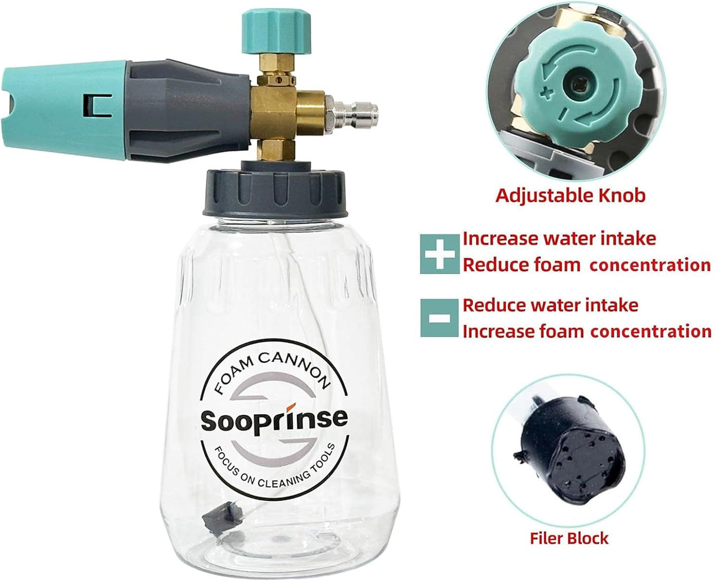 Sooprinse Foam Cannon, Adjustable Snow Foam Lance Transparent Body, Professional Car Foam Blaster with 1/4 Inch Quick Connector, 4000 PSI, 1L