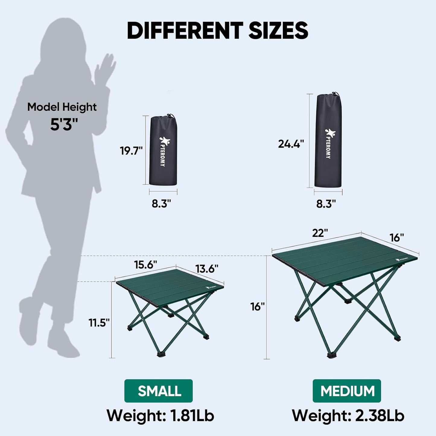 PTEROMY Medium Folding Camping Table, Portable Beach Table with Ultralight Aluminum Tabletop for Travel, Outdoor, Camping, Picnics, and BBQs (Green)