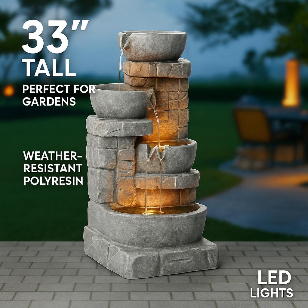 Teamson Home 33" Outdoor Water Fountain with LED Lights, 3-Tier Cascading Bowls, Weather-Resistant Resin Garden Water Feature for Patio, Lawn, and Backyard Decor – Stone Gray