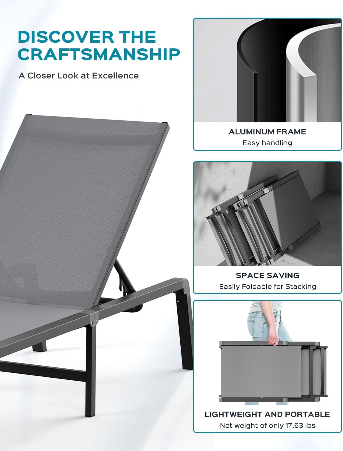 Patio Chaise Lounge Chair, Foldable Lounge Chair for Outside, Aluminum Chairs Set of 2 with 5 Adjustable Backrest, Outdoor Pool Lounger for Poolside, Lawn, Deck, Grey