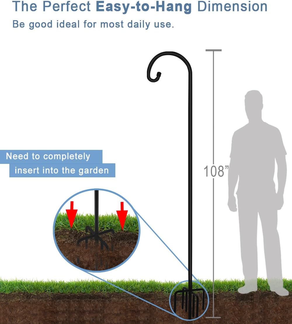 108 inch Outdoor Shepherd Hook with 5 Prong Base (2 Packs), Adjustable Heavy Duty Garden Hanging Stake for Bird Feeder Solar Light Plant Hanger Wedding Decor, Matte Black