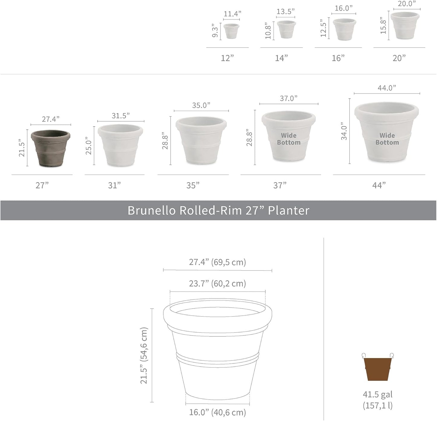 Crescent Garden Brunello Classic Rolled Rim Planter, Indoor/Outdoor Weather-Safe Round Plant Pot, Large Plastic Flowerpot for Flowers, Faux Plants, Trees - 27'' W (Parchment)