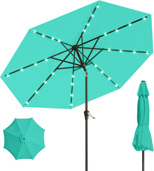 9FT Solar Umbrella 32 LED Lighted Patio Umbrella Table Market Umbrella w/Tilt and Crank, UV-Resistant Outdoor Umbrella for Pool, Garden, Deck, Turquoise Blue