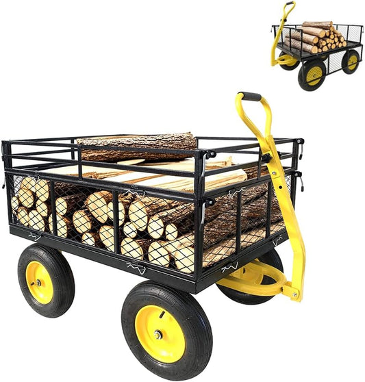 Steel Garden Cart On Wheels, 1400 Lbs Capacity, 2-in-1 Handle and 16 in Tires, Heavy Duty Wagon Cart with Removable Mesh Sides to Convert Into Flatbed