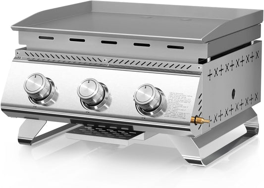 R.W.FLAME 3-Burner Tabletop Propane Gas Grill Stainless Steel Portable Outdoor Griddle,24,000 BTU Compact Flat Top Camping BBQ Grill,347 Sq. In. Cooking Area