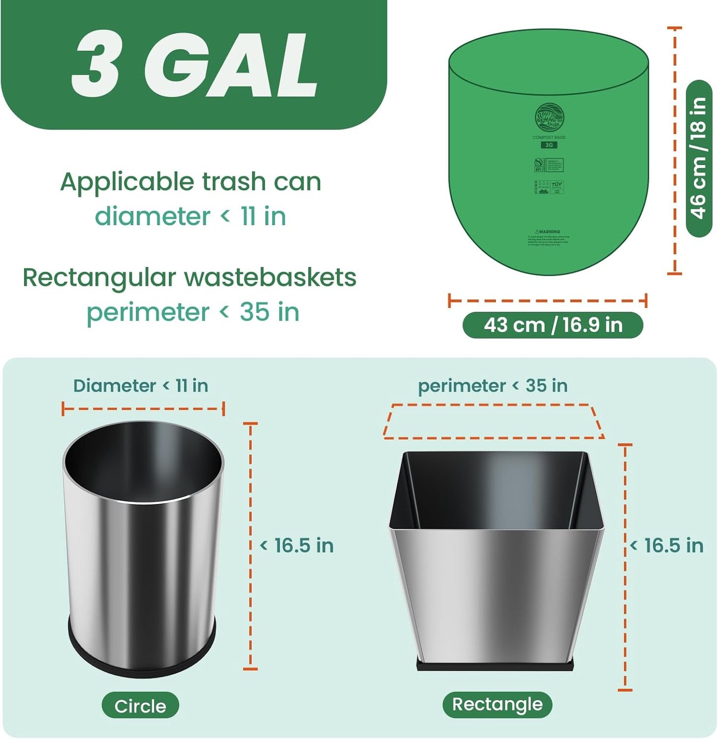 Compost Bags 3 Gallon,100 Count,Compost Food Scrap Waste Bags Fits Countertop Bin,Small Kitchen Food Scrap Waste Bags,Compost bin bags,Certified by BPI,ASTM D6400 and OK compost HOME certified