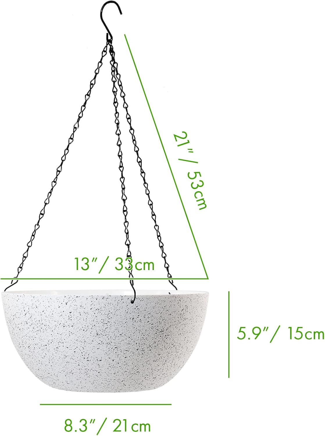 WOUSIWER 13 inch 2Pack Large Hanging Planters for Outdoor Indoor Plants with Drainage Holes and Chain, Round Hanging Flower Pots for Garden Home Porch Decor, White Speckles