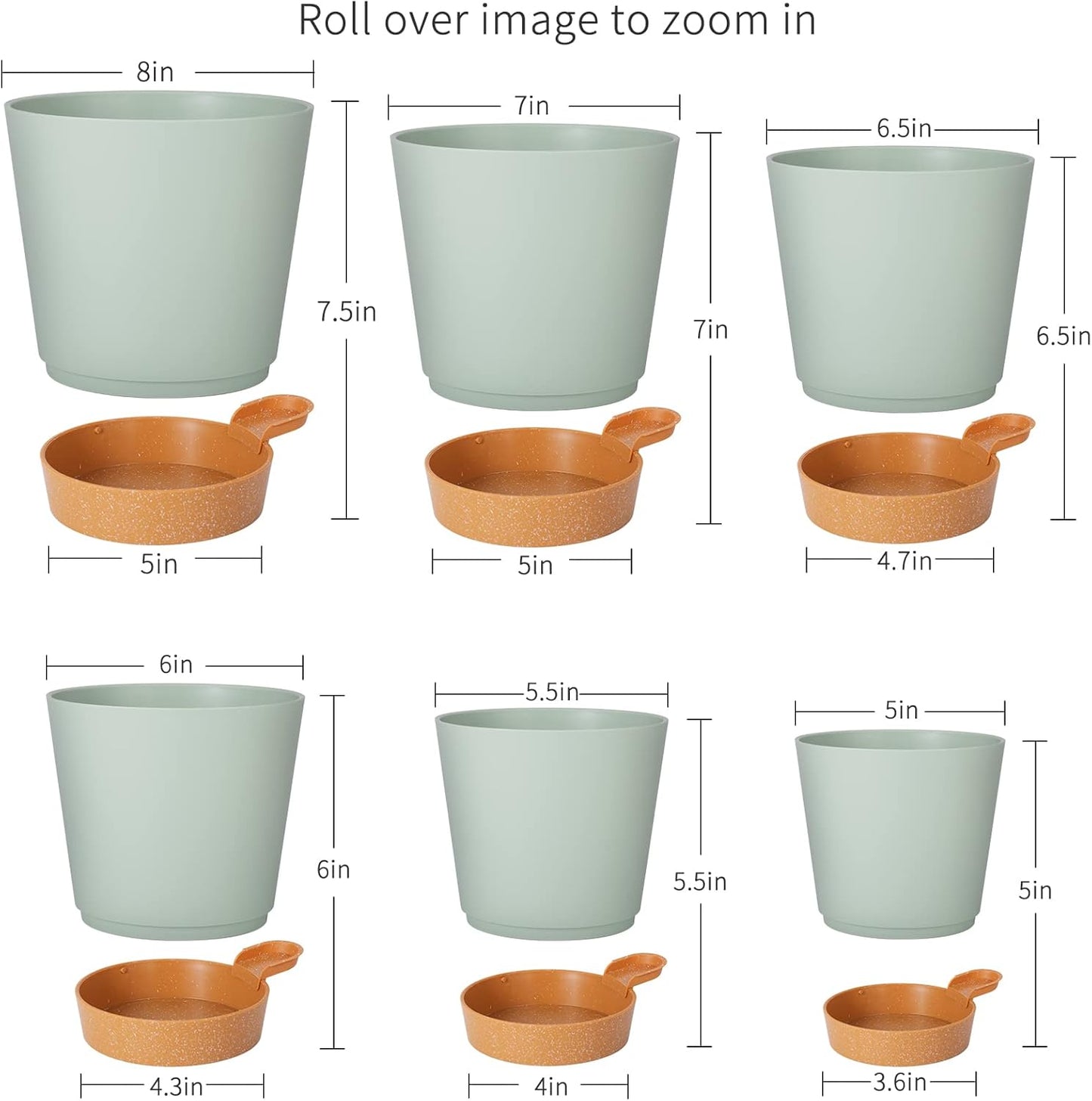 GARDIFE Plant Pots 8/7/6.5/6/5.5/5 Inch Self Watering Planters with Drainage Hole, Plastic Flower Pots, Nursery Planting Pot for All House Plants, African Violet, Flowers, and Cactus,Green
