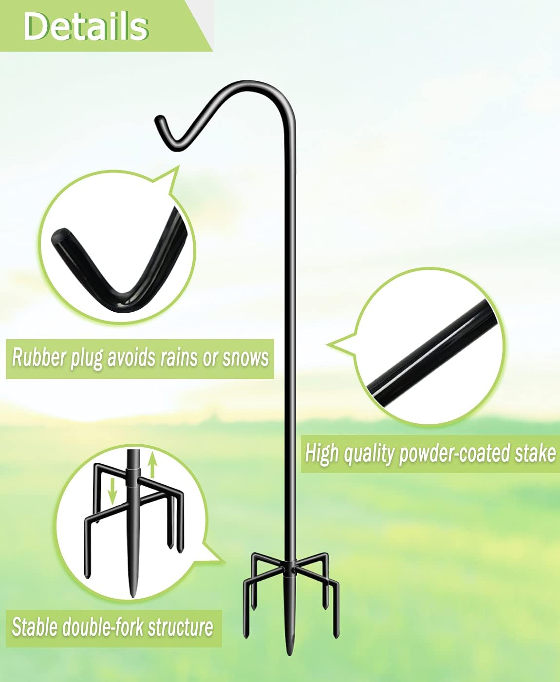 Garbuildman 92 Inch Tall Shepherd Hooks with 5-Forked Base, Adjustable Heavy Duty Bird Feeder Pole Stand Hanger for Outdoor, Shiny Black, 1 Pack