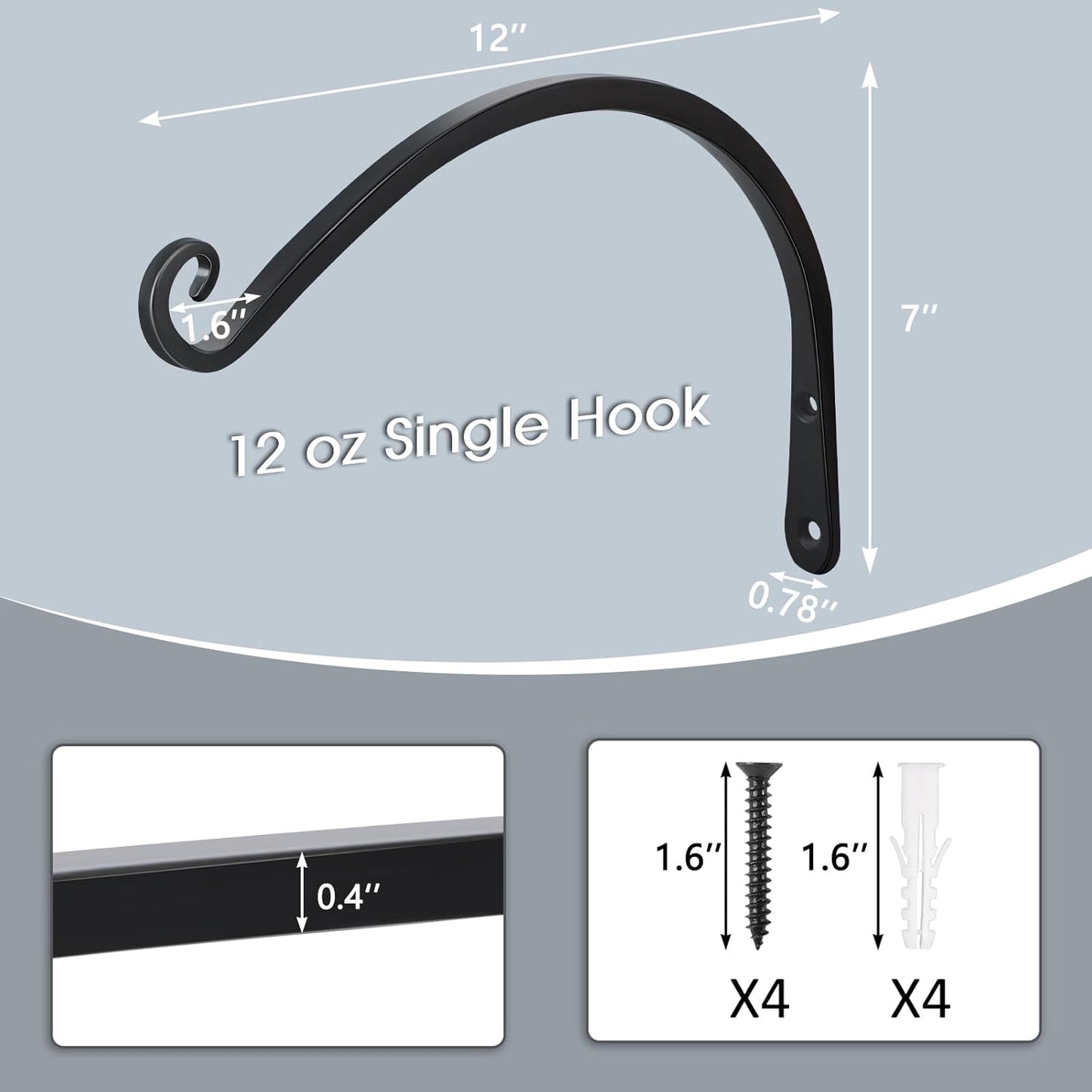 Gtongoko 2 Pack 12 Inch Plant Hangers Outdoor Metal, Plant Hooks for Wall Indoor, Outdoor Hooks for Hanging Bird Feeders, Plant Bracket, Lanterns, Wind Chinme, Black