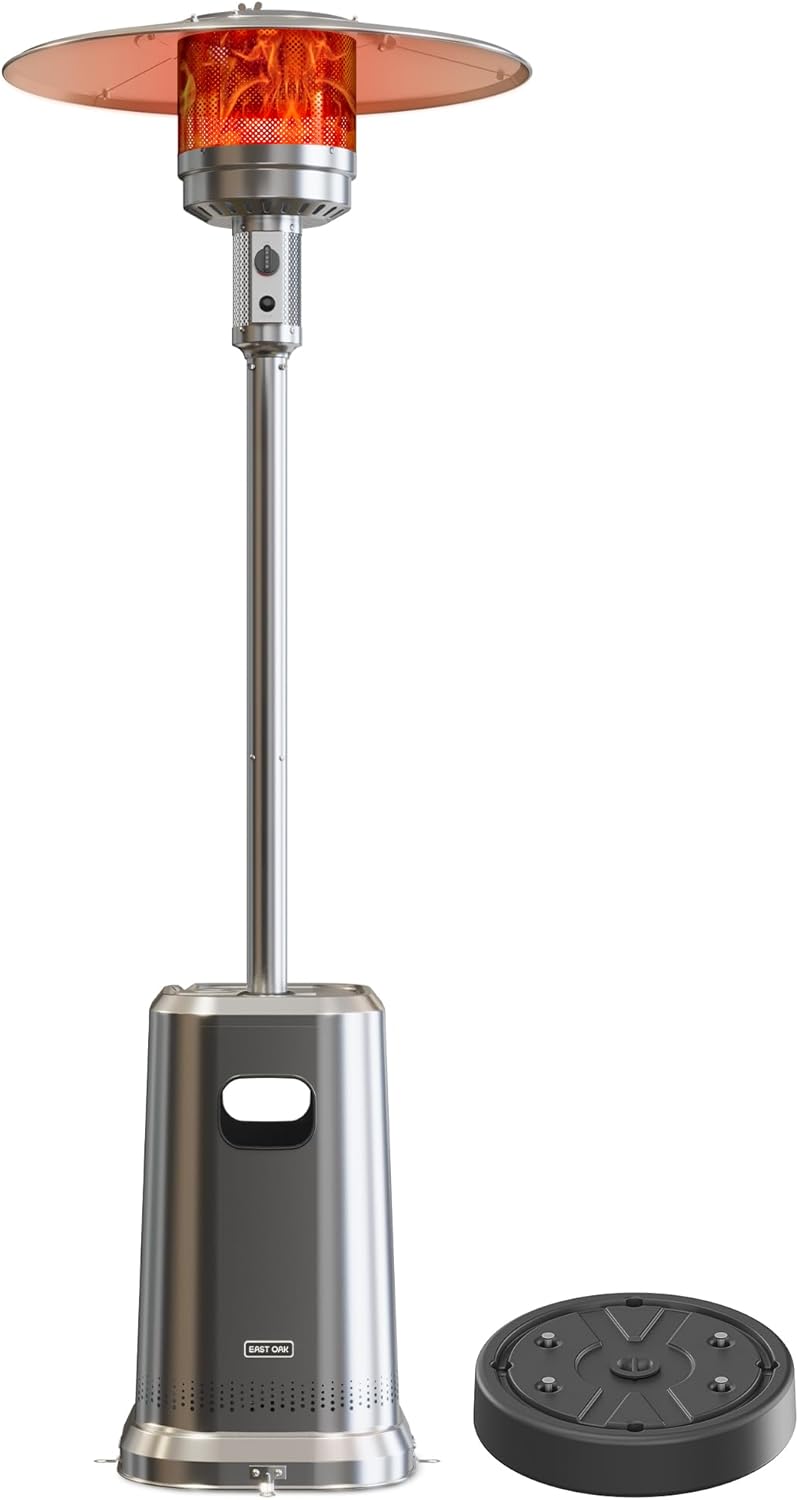 EAST OAK 50,000 BTU Patio Heater with Sand Box, Double-Layer Stainless Steel Burner, Table Design, Safety Protection System, Wheels, Propane Patio Heater for Home and Commercial, Stainless Steel