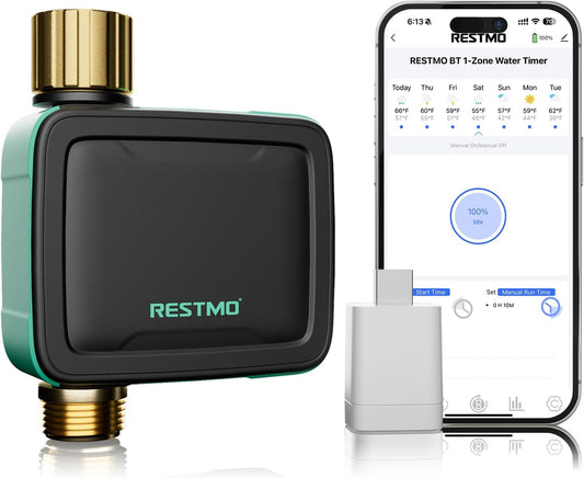 RESTMO Smart Sprinkler Timer with Flow Meter, Water Timer for Garden Hose, Brass Inlet & Outlet, Automatic Lawn & Yard Irrigation Watering System, APP Remote Control (2.4Ghz WiFi Connection)