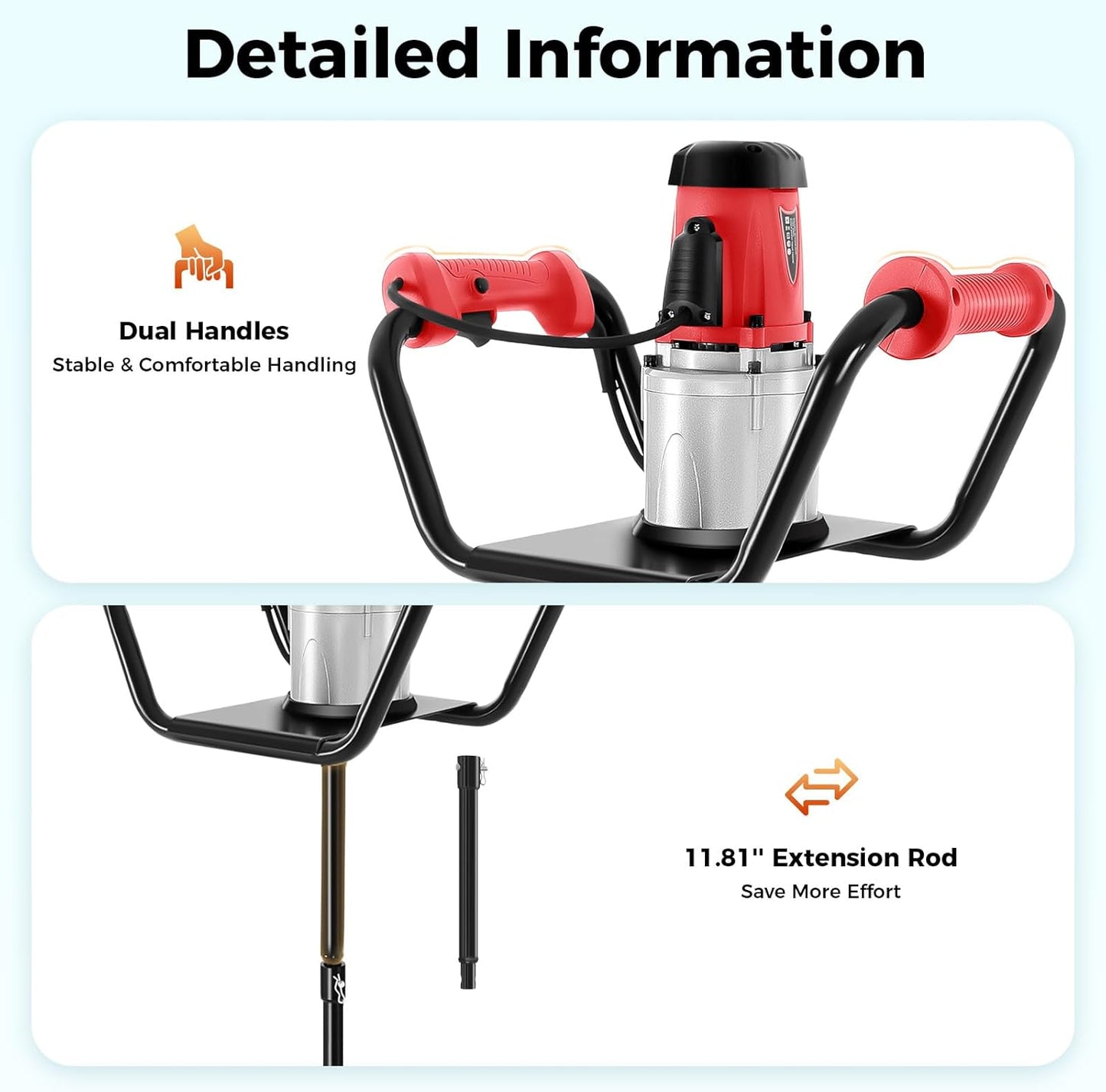 Post Hole Digger, 1500W Electric Post Hole Auger Earth Auger Digging Dril Digging Machine with 6" Digging Auger Bit and Extension Bar Set for Planting, Trenching in Garden (1500W,1x6" Drill)