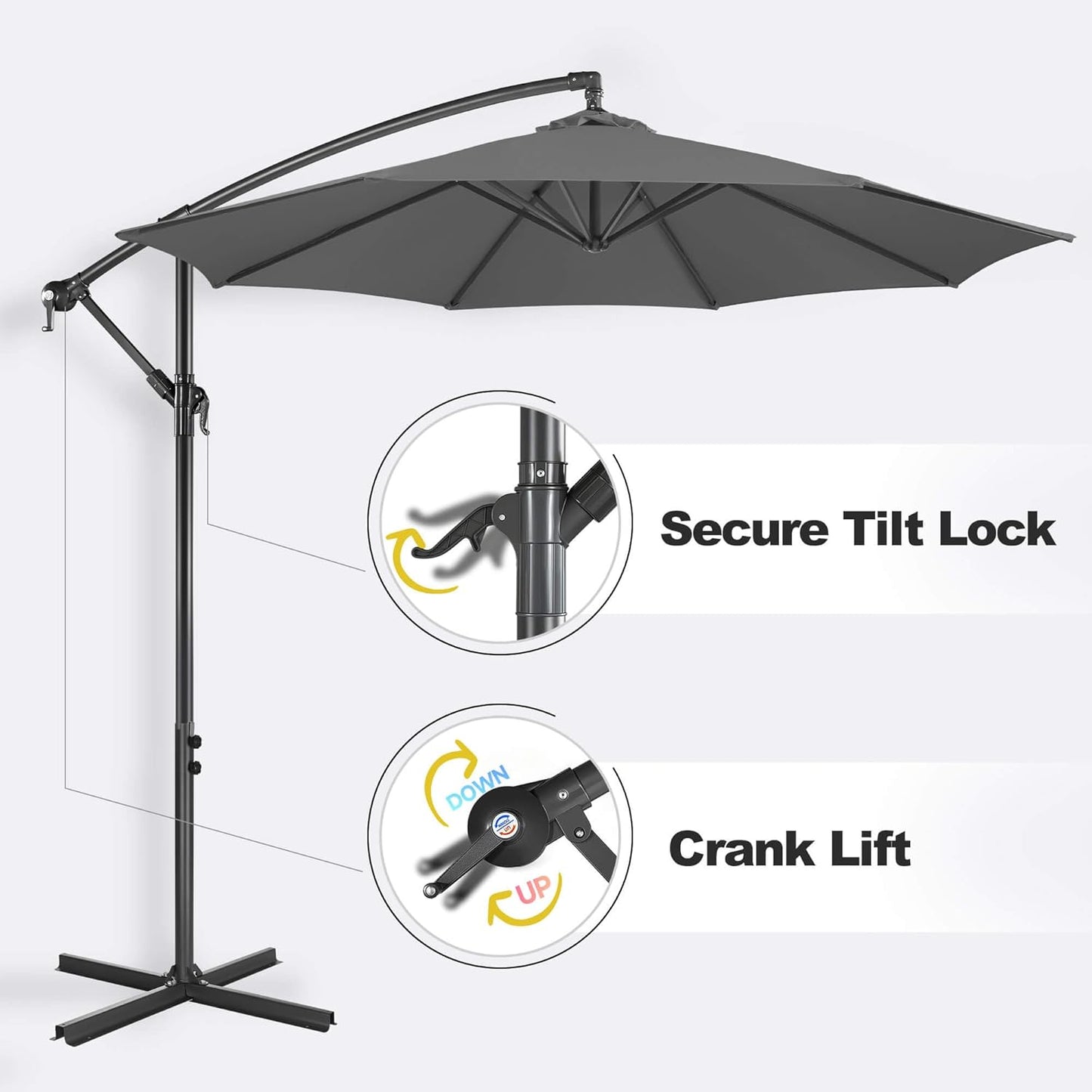 FLAME&SHADE 10ft Cantilever Patio Umbrella Outdoor, Large Offset Umbrella with Crank and Cross Base, UPF 50+ UV Protection Hanging Umbrella for Pool Deck Garden, Anthracite