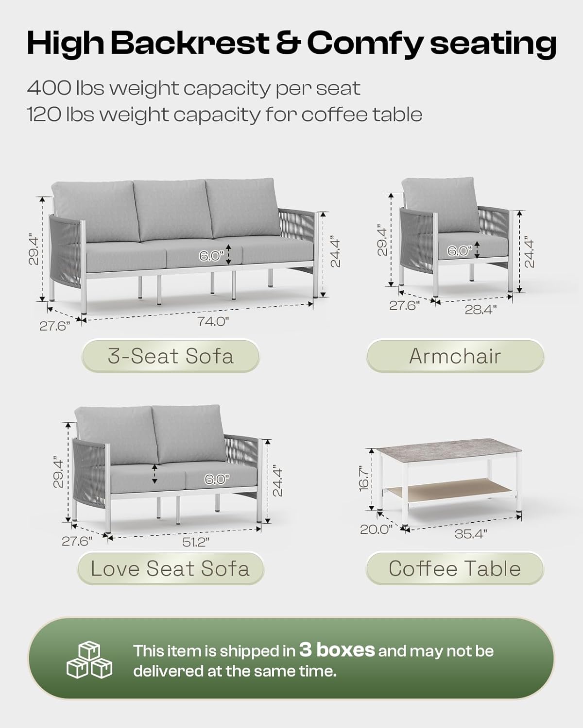 Aluminum Outdoor Patio Furniture Set, HDPE Rope 4 Piece Modern Sectional Conversation Sets with Dual-Layer Coffee Table, All Weather Patio Couch Sofa with Thick Cushions, Silver Frame, Silver