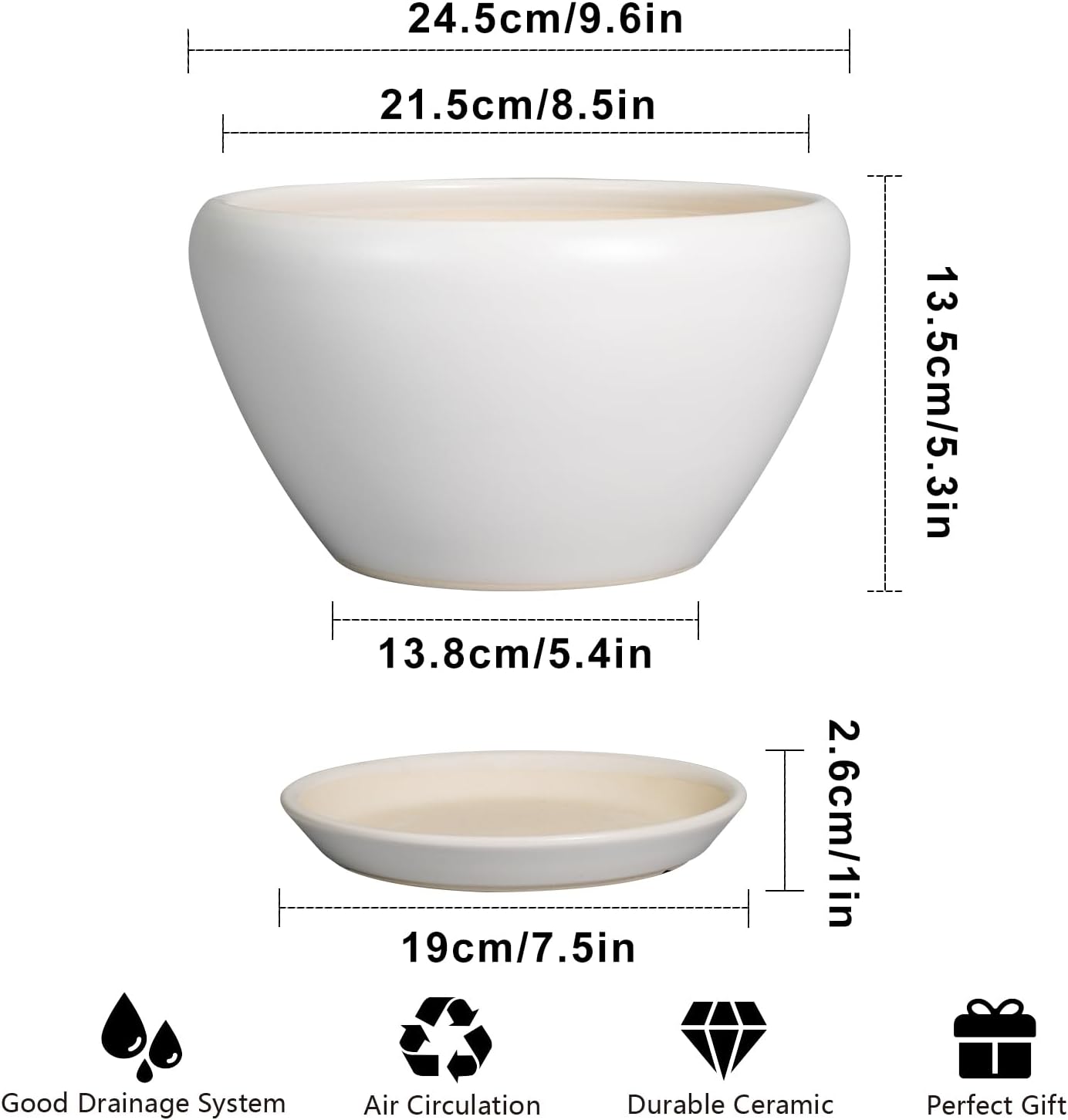 Ceramic Planter - 9 Inch Plant Pot Indoor with Drainage Hole and Saucer for Outdoor Plants Mid-Century Round Planter Modern Flower Pot for House Garden White