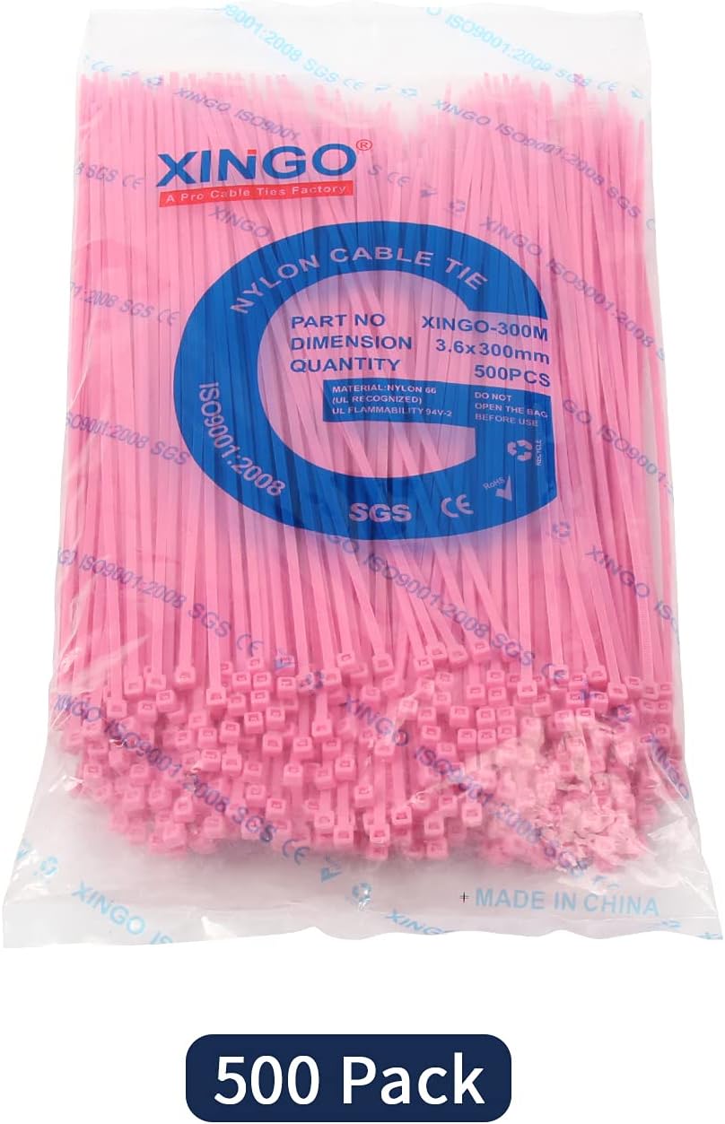 XINGO Nylon Cable Zip Ties Self Locking Plastic Wire Ties with 40 Lbs Tensile Strength for Indoor and Outdoor 12 Inch 500 Pack Pink