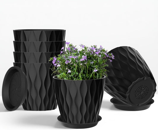 6 Pack 7 Inch Plant Pots with Drainage and Saucers, Black Plastic Flower Pots for Indoor and Outdoor Plants, Stackable Nursery Planters for Houseplants and Herbs, Black