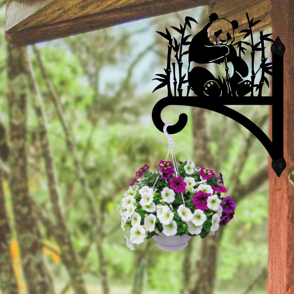 Peacoblue Iron Plant Hangers Holder for Outdoor Indoor Hanging Plants Flower Fern Pots Lantern Bird Feeder Wind Chimes, 12”x14” Weather Resistant Metal Wall Bracket Hooks for Porch Garden House(Panda)