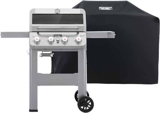Monument Grills 4-Burner Liquid Propane Gas Grill, Silver Stainless Steel Grill Patio Garden Barbecue Grill with Clearview® Lid and One Foldable Shelf, Mesa400MF with BBQ Cover