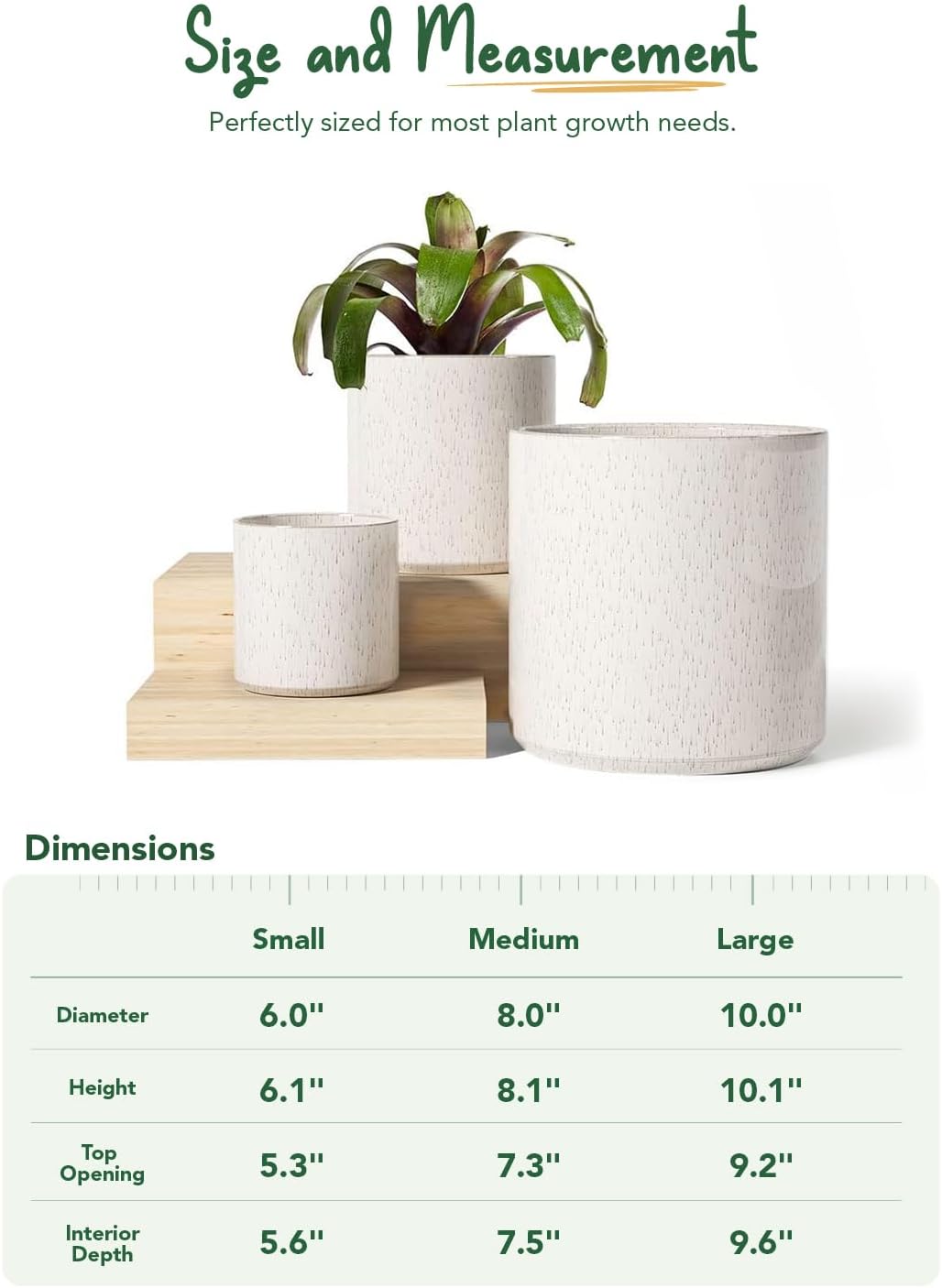 LE TAUCI Ceramic Plant Pots Indoor, 10+8+6 Inch Planters for Indoor Plants, Mid-Century Modern Flower Pots with Drainage Hole and Plug, Cylinder Round Planters, Set of 3, Reactive Glaze Beige