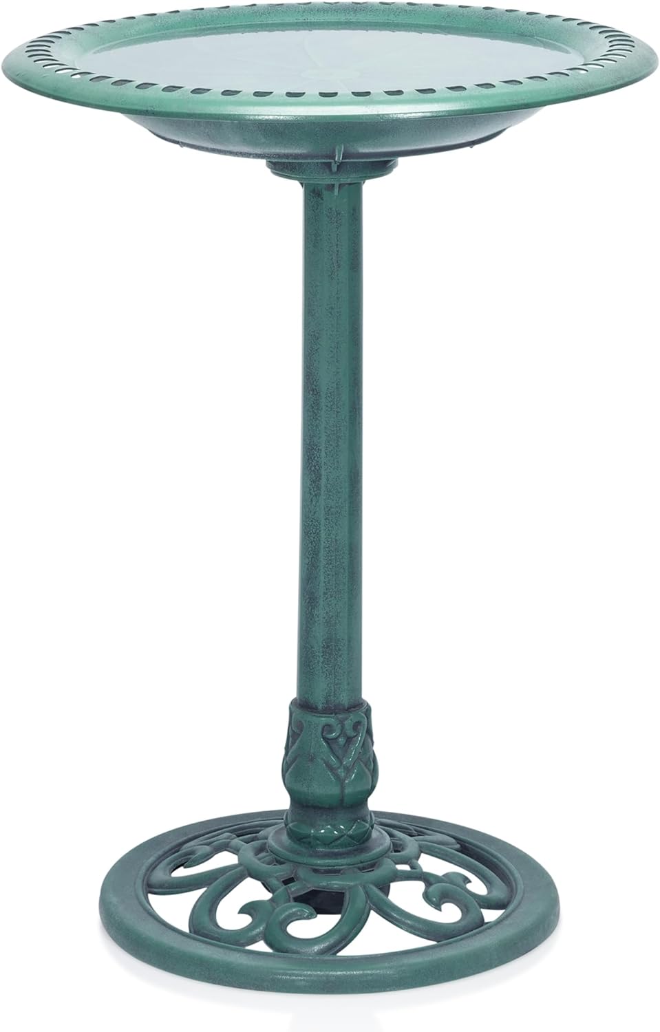 Alpine Corporation TEC116 Outdoor Aged Green Pedestal Birdbath with Scrollwork, 28" Tall, Green