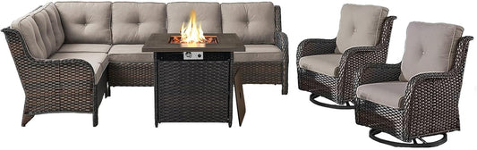 Outdoor Sectional Sofa Furniture Set with Propane Fire Pit Table, Wicker Patio Conversation Set with 2 Swivel Glider Rocker Chairs Grey Cushion Perfect for Backyard Casual Gathering