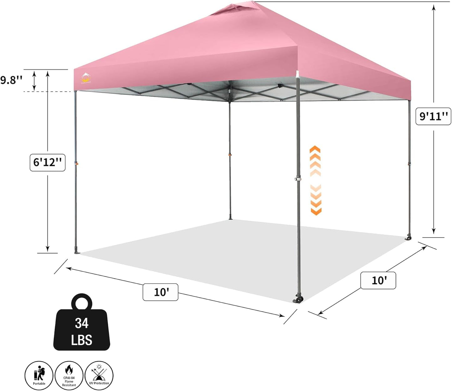 CROWN SHADES Adjustable Height on The Fly, 10x10 Pop Up Canopy - Beach Tent with One Push Setup - Easy Outdoor Sun Shade for Events, Parties, Camping - Outside Shade with STO-N-Go Bag, Pink