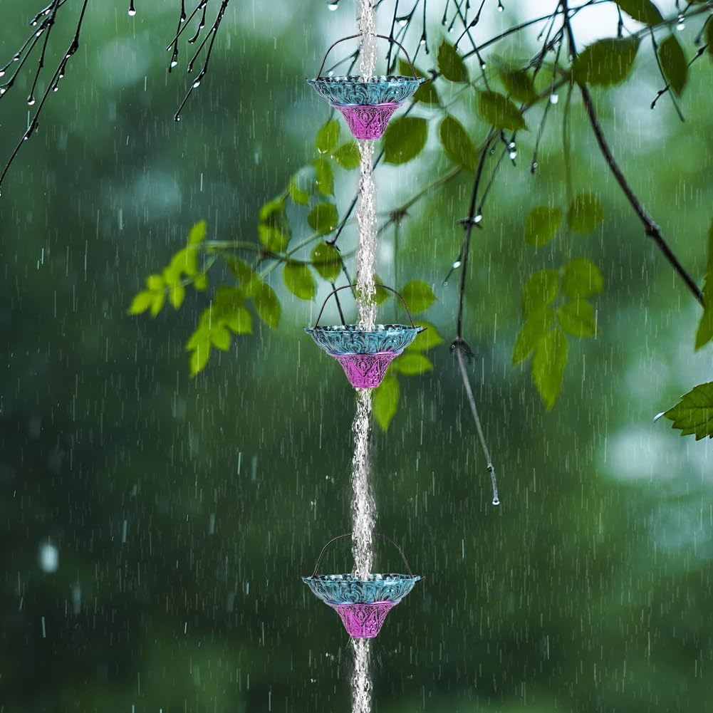 10FT Rain Chains for Outside, Rain Gutter Chain with 12 Flower Cups, Adjustable Rainwater Catcher Chain for Eaves Drainage, Replacement for Downspout