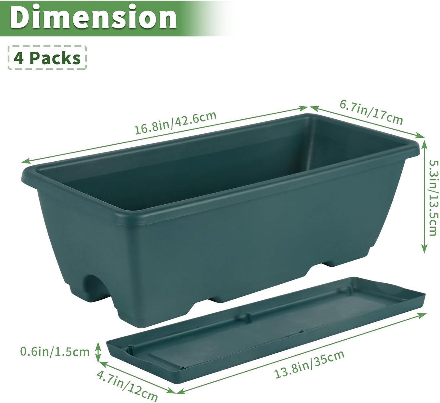 HAITRAL Railing Planter Boxes (16.9 Inch, 4 Pack) Green Plastic Deck Rail Planter for Outdoor Plants, Hanging Window Boxes Planter with Drainage Tray for Over Rail Porch Fence,Balcony & Home Decor