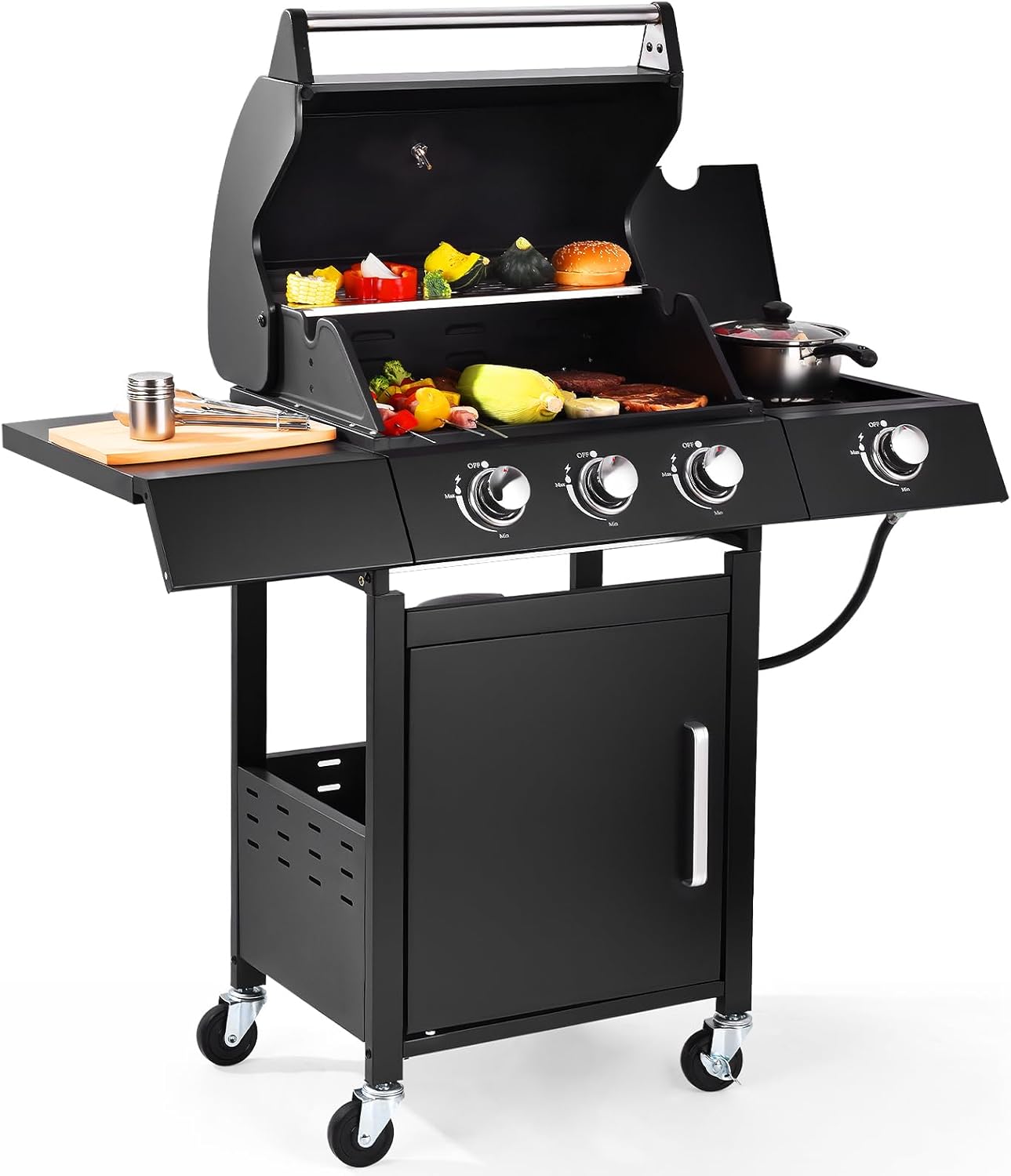 Q042-3-Burner w/Side Burner Gas Grill with 241 SQ.IN. Outdoor Grill with 36,000 BTU,Propane Grills with Top Cover Lid,Grills Outdoor Cooking for Patios,Balcony,Camping,Garden