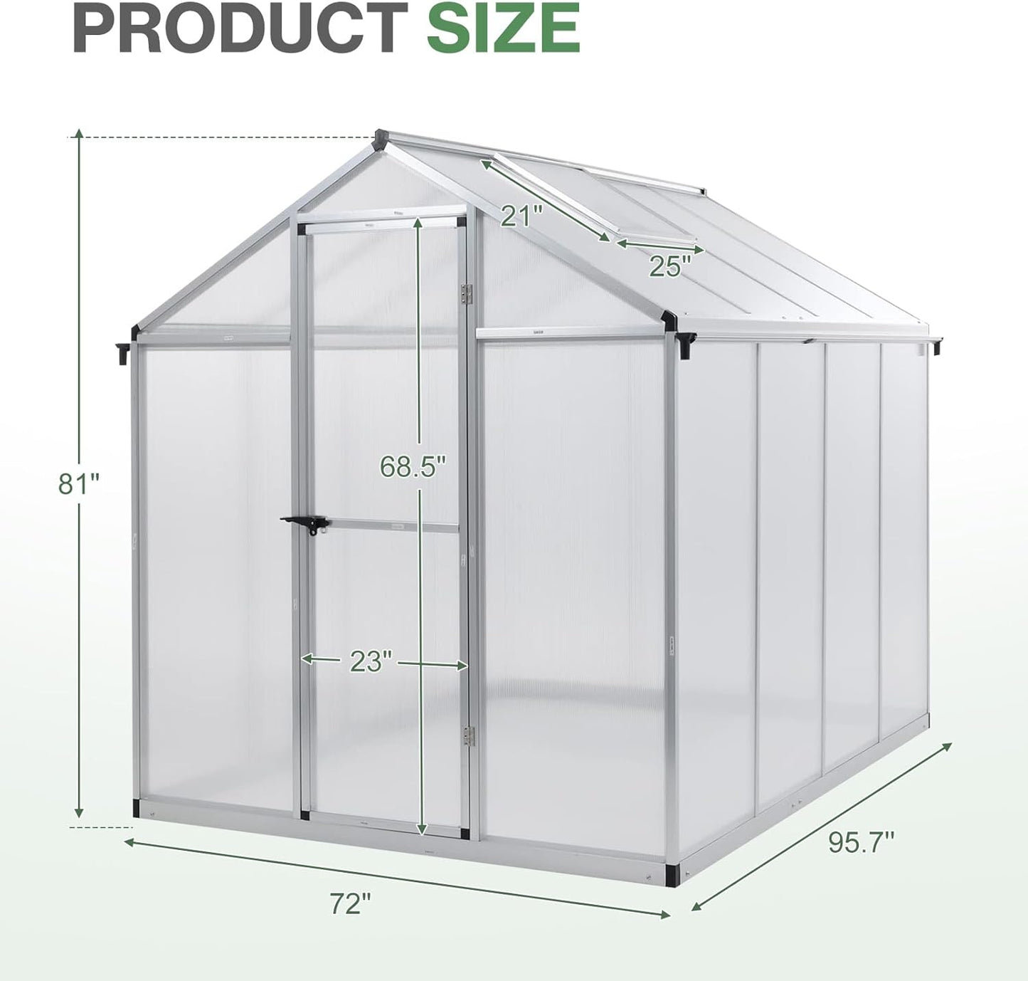 Aoodor 6 x 8 Ft Walk-in Greenhouse with Gutter, Polycarbonate and Heavy-Duty Aluminum Frame, Adjustment Skylight and Lockable 2-Sided Door for Patio, Outdoor, Yard, Lawn Use, Silver
