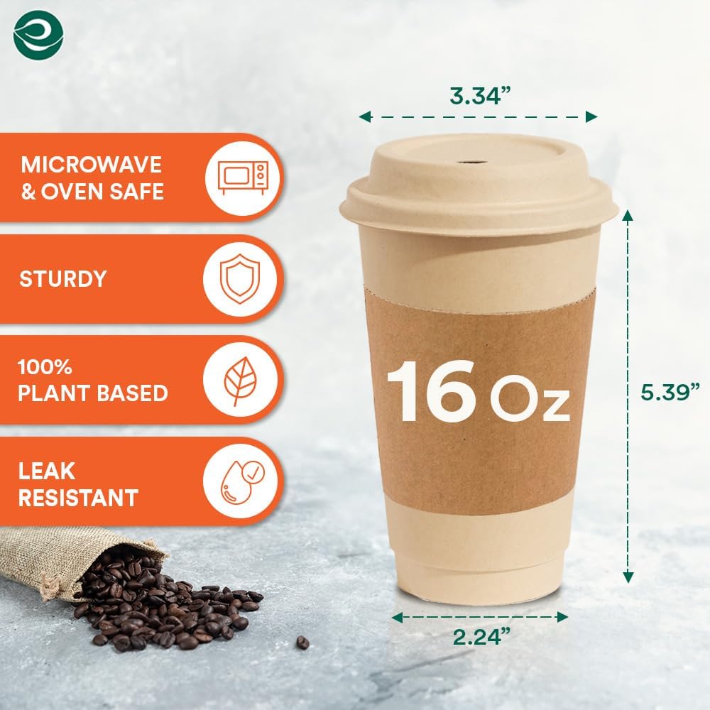 ECO SOUL 100% Compostable Coffee Cups With Lids & Sleeves - 16Oz (100 Counts) To Go Coffee Disposable Bagasse Cups |Sturdy & Eco-Friendly Cups for Cafes, Party, Office