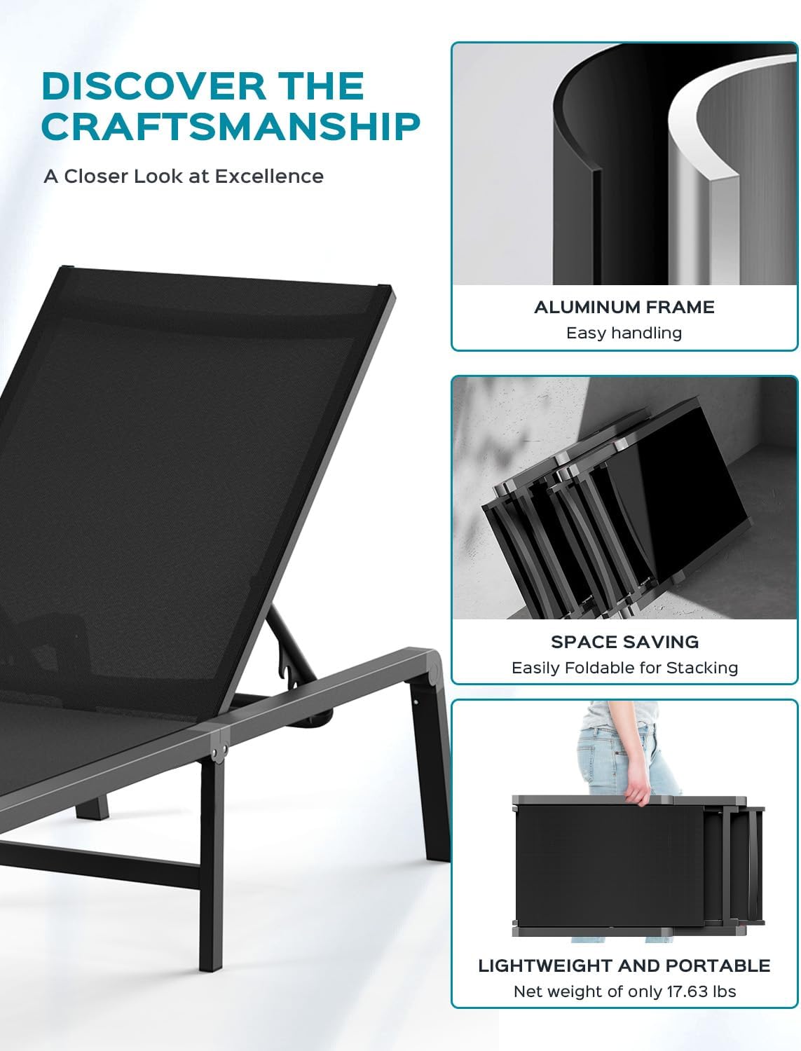 Patio Chaise Lounge Chair, Foldable Lounge Chair for Outside, Aluminum Chairs Set of 2 with 5 Adjustable Backrest, Outdoor Pool Lounger for Poolside, Lawn, Deck, Black