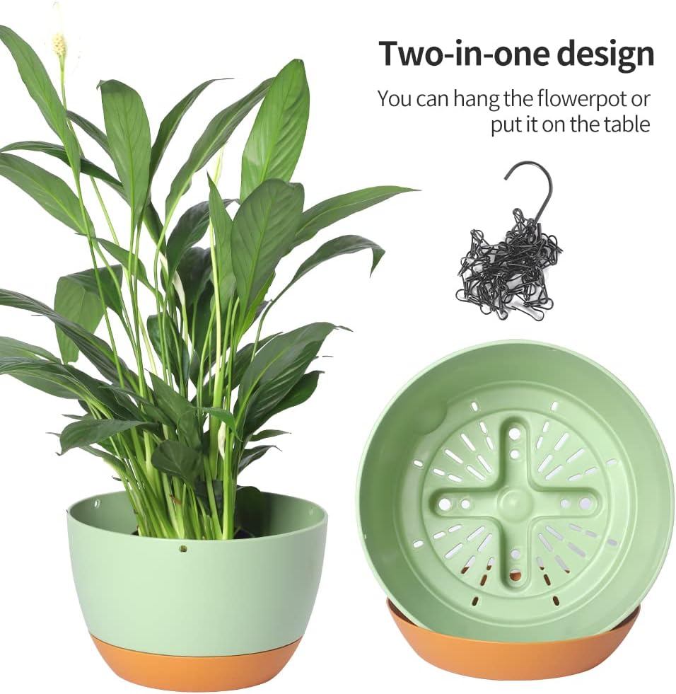 Lookat 2 Pack Plastic Hanging Planters 10 Inch Hanging Pots with Drainage Hole for Indoor Outdoor Plants, Round Hanging Basket with Removable Tray for Home Garden Porch Balcony Patio Decor